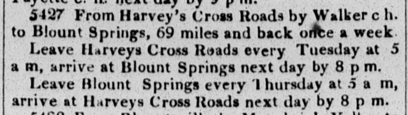 1841 stagecoach mail-route schedule to Blount Springs