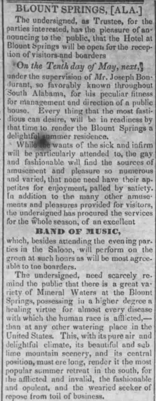 1841 newspaper notice for the Hotel at Blount Springs