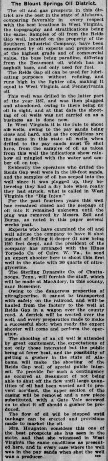 1901 newspaper account — oil found in abandoned well at Reid's Gap