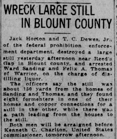 1921 newspaper account of a still raid near Reid's Gap