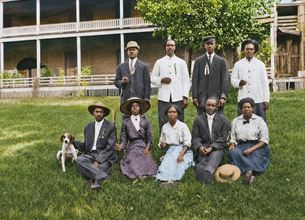 Staff of the Blount Springs Hotel posing on the lawn, circa 1900