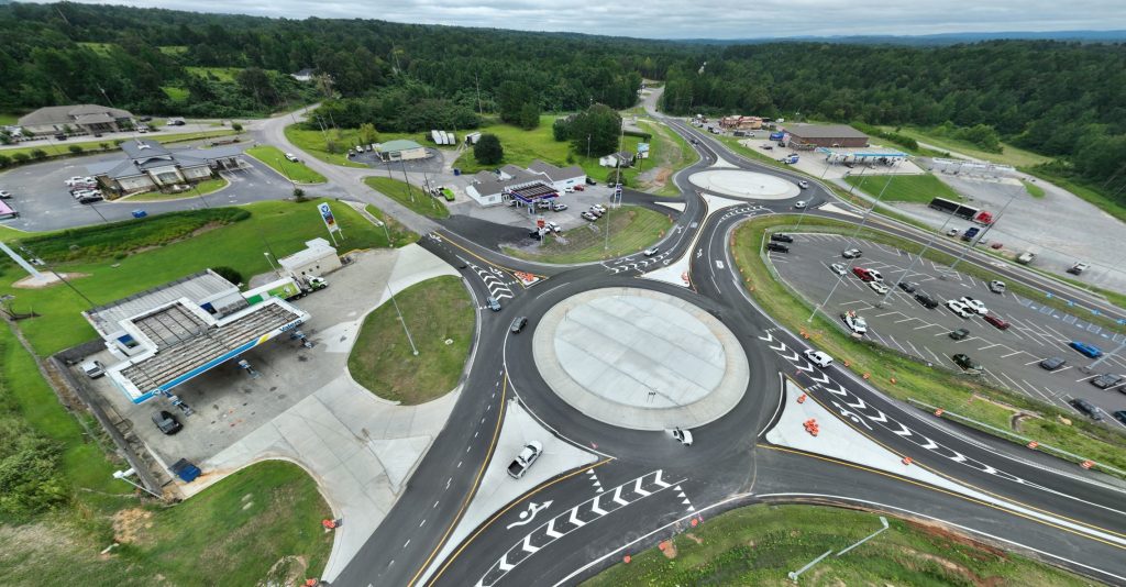 Closer aerial view of one roundabout at the Hayden interchange