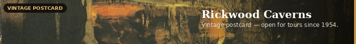 Rickwood Caverns ad — orange cavern postcard (corrected copy), 728x90