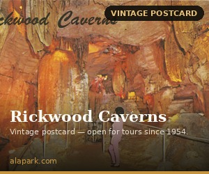 Rickwood Caverns ad — cave passage postcard (corrected copy), 300x250