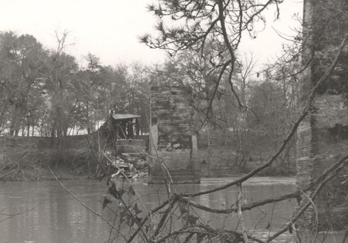 The stone piers of the Standridge Bridge in the Locust Fork after the fire, November 18, 1967