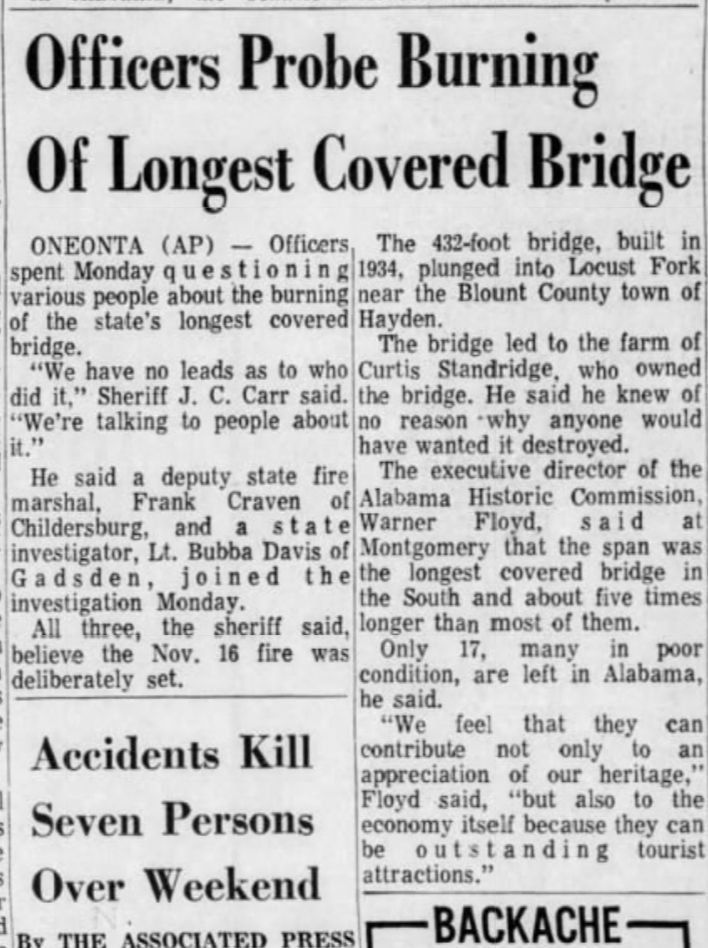 1967 AP wire article on the Standridge Bridge fire