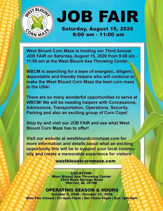 West Blount Corn Maze Job Fair flyer, Saturday, August 15, 2026, 9-11am, at the West Blount Axe Throwing Center