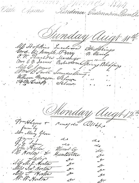 The Blount Springs hotel guest register, August 1844.
