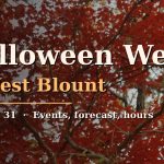 Red maple leaves in fall color, with the title Halloween Week in West Blount, Oct. 26 to 31.