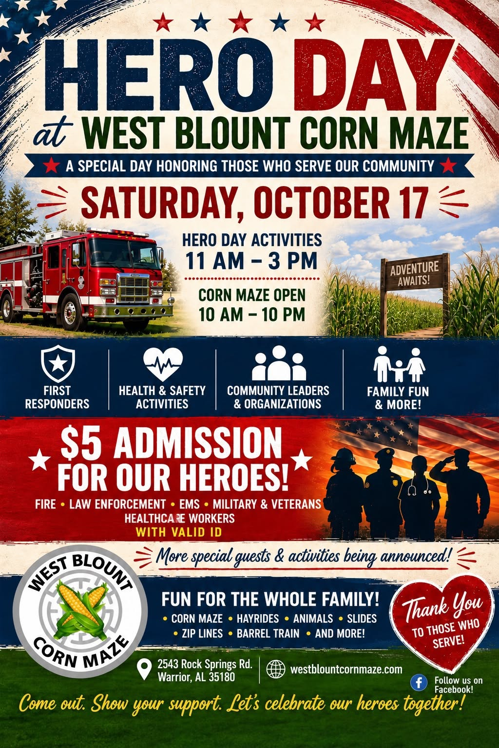 Hero Day at West Blount Corn Maze flyer: Saturday, October 17. Activities 11 AM to 3 PM, corn maze open 10 AM to 10 PM, $5 admission for fire, law enforcement, EMS, military and veterans, and healthcare workers with valid ID.