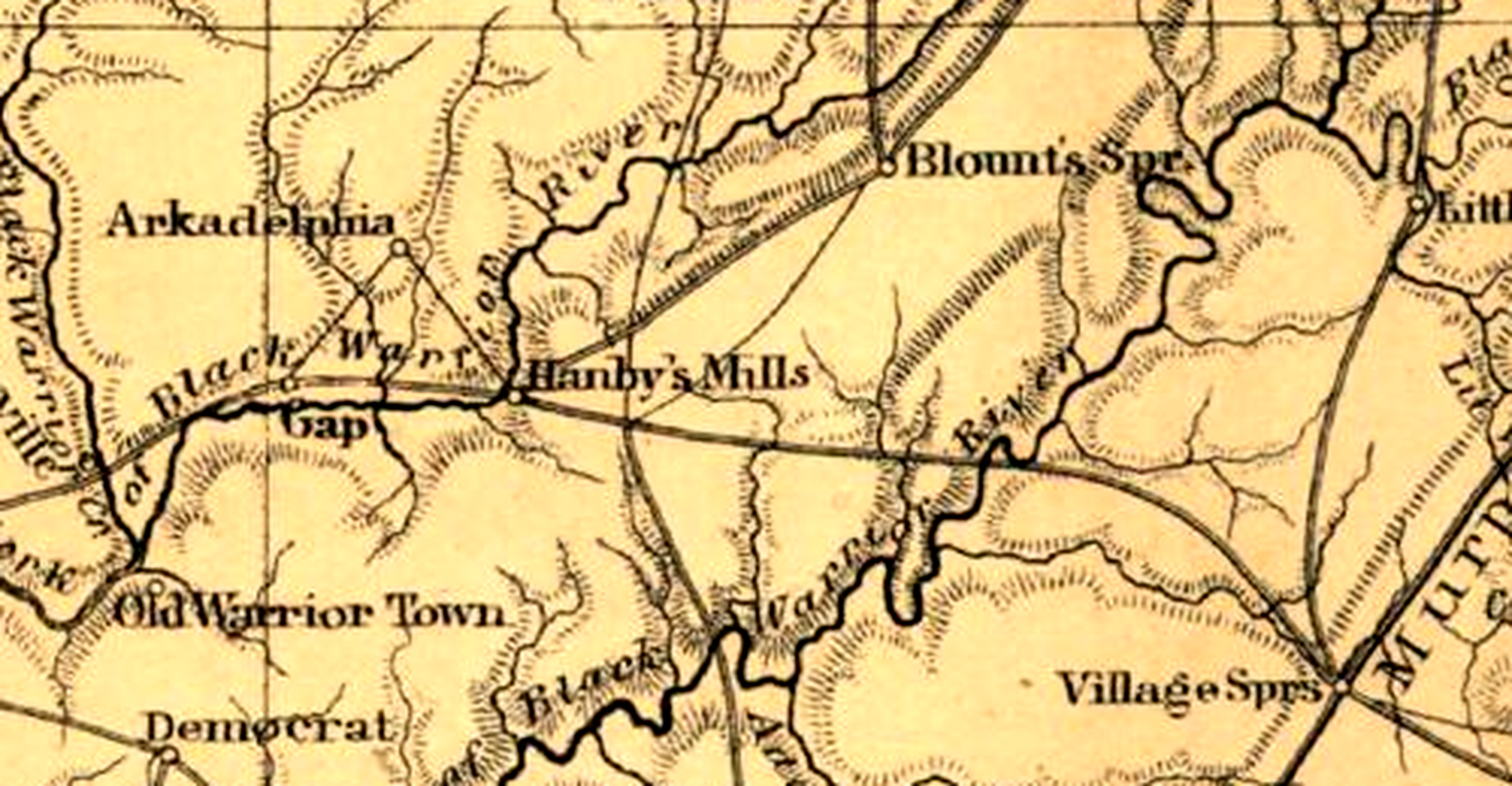 Civil War era map showing Blount's Spr., Hanby's Mills, Gap, Old Warrior Town, Arkadelphia and Village Sprs.