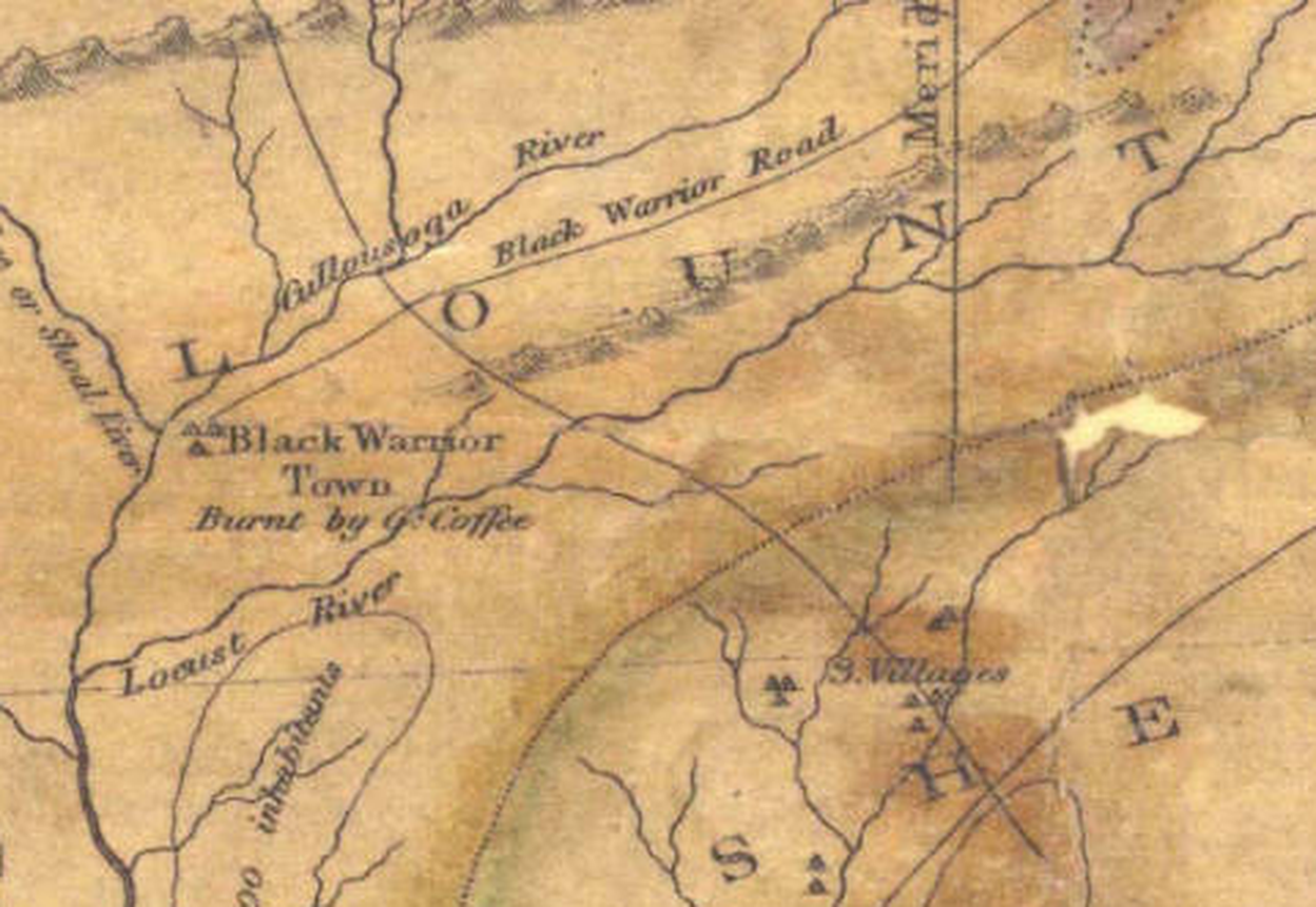 Detail of John Melish's 1818 Map of Alabama showing the Black Warrior Road, the Gullousoga River, Black Warrior Town burnt by Gl. Coffee, and the Locust River.