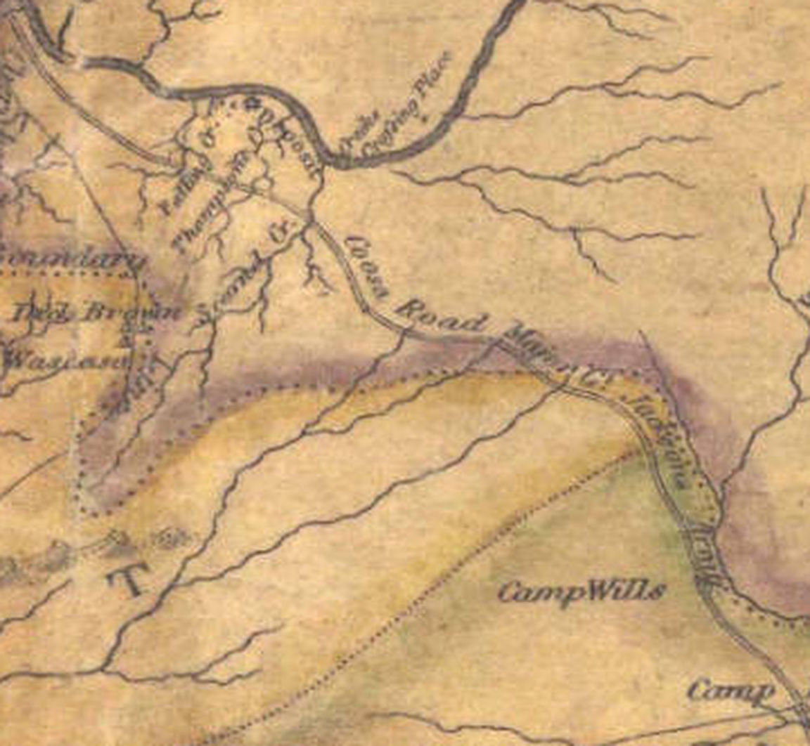 Detail of Melish's 1818 map showing Dick Brown and Wassausy lettered at the Cherokee boundary line.