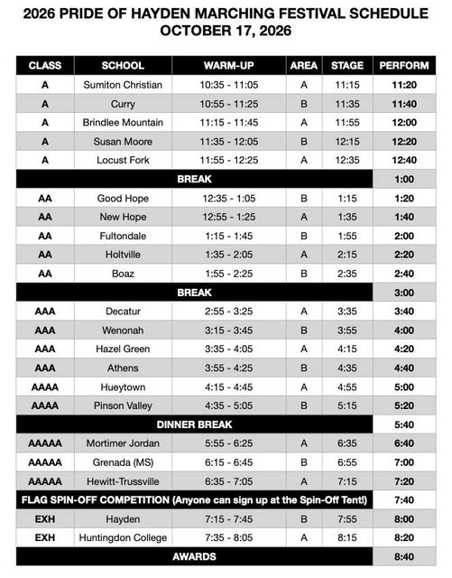2026 Pride of Hayden Marching Festival schedule, October 17, 2026: warm-up, stage and performance times for each band from Sumiton Christian at 11:20 a.m. through Huntingdon College at 8:20 p.m., awards at 8:40 p.m.