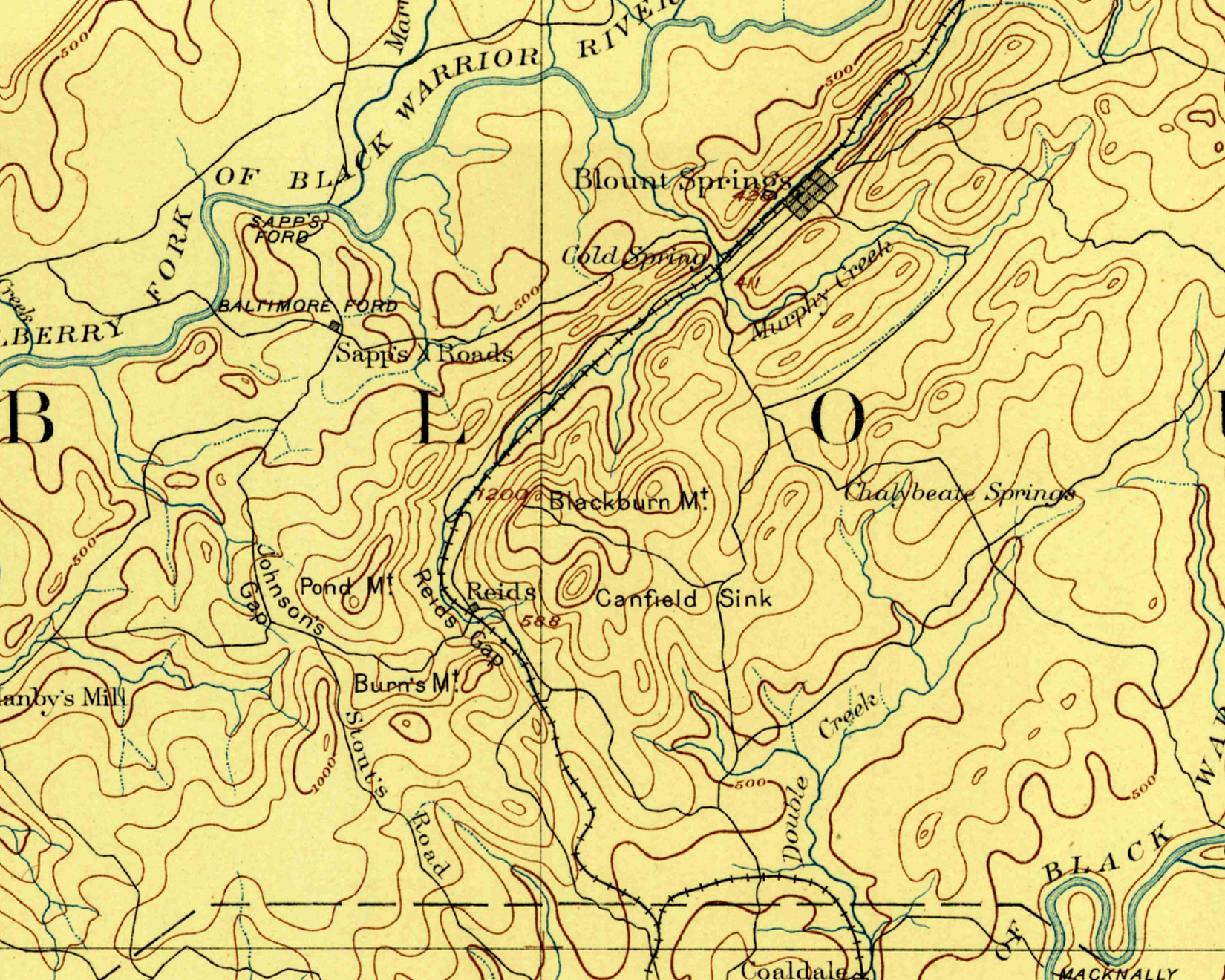 USGS Birmingham sheet 1889 showing Blount Springs, the L&N railroad, Reids, Reids Gap, Johnson's Gap, Stout's Road, Hanby's Mill, Baltimore Ford and Sapp's Ford.