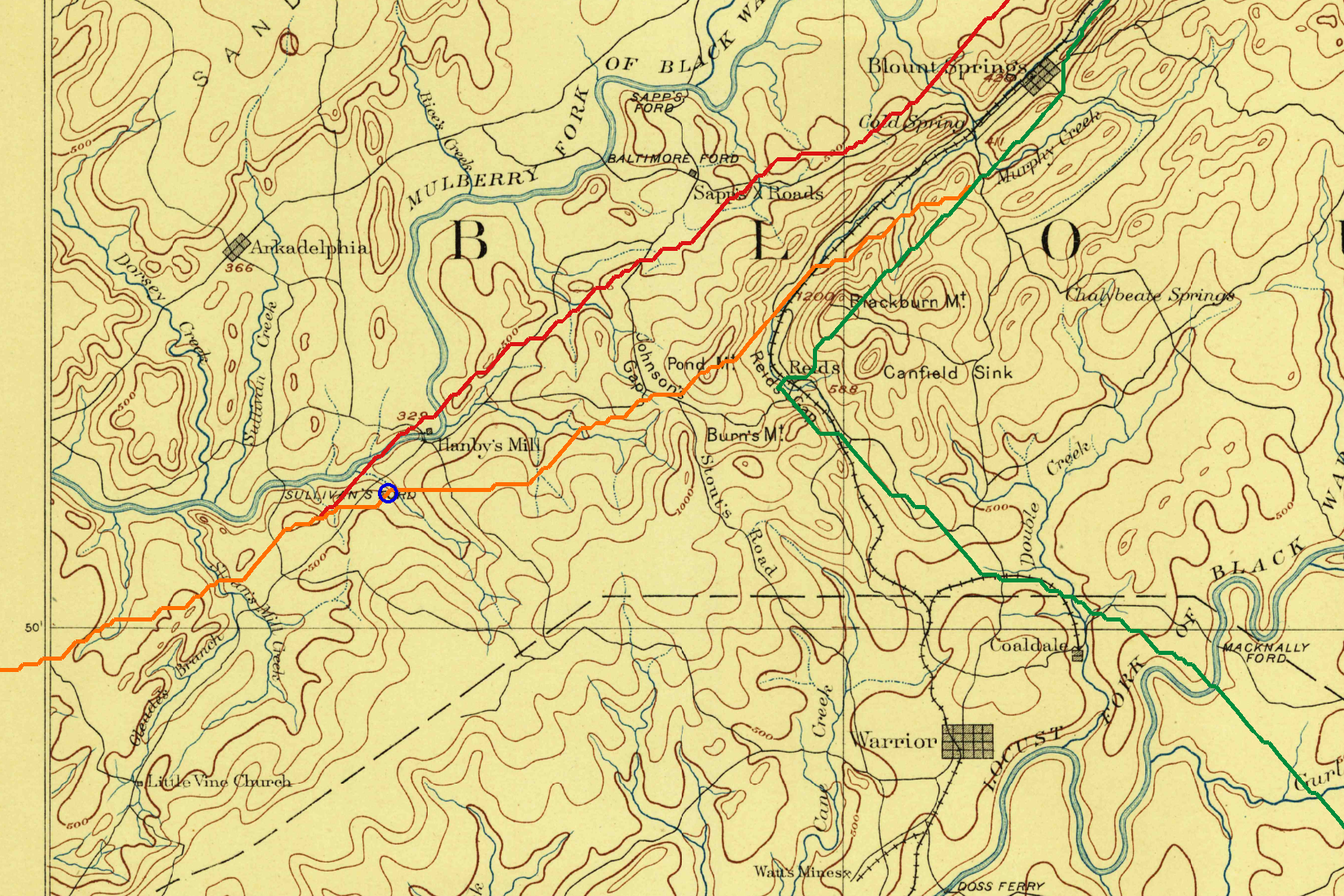 The 1889 USGS map with colored lines showing least cost walking routes from Blountsville to Black Warrior Town overlaid.
